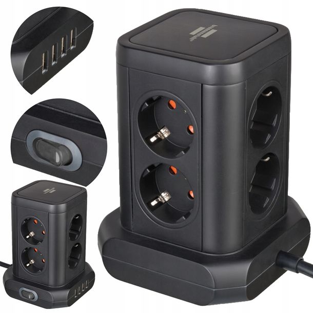 ﻿Wieża Zasilająca Brennenstuhl 8 Gniazd 4xUSB 4,8A Przedłużacz Listwa 2m