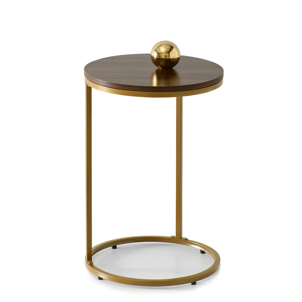 OKRĄGŁY STOLIK BOCZNY DO KANAPY COLIN ORZECHOWY BLAT I ZŁOTA