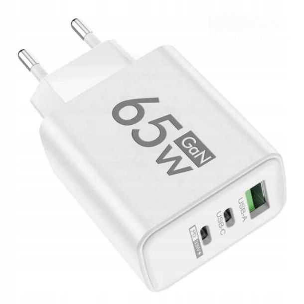 ﻿SZYBKA ŁADOWARKA SIECIOWA 65W GaN USB USB-C PD 33W iPHONE 15 Xiaomi Biała