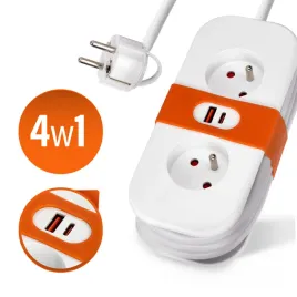 przedluzacz-2-gniazda-14m-z-plaska-wtyczka-bialy-z-uziemieniem-2x-usb