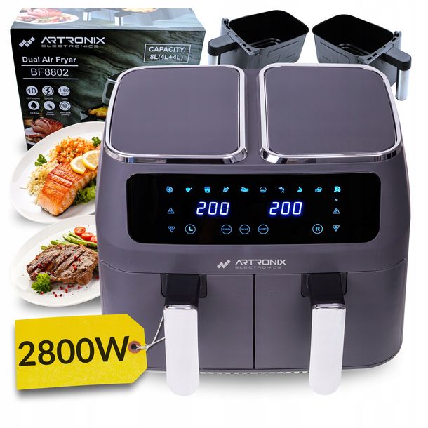 FRYTKOWNICA bez oleju BEZTŁUSZCZOWA Air Fryer duża 2 komorowa 8L moc 2800W