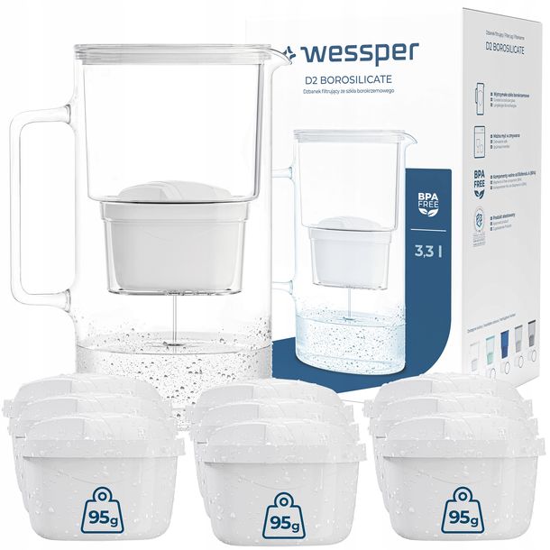 DZBANEK SZKLANY WESSPER D2 BOROSILICATE 3l + 10x FILTR WKŁAD WODY WESSPER