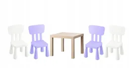 ikea-zestaw-stolik-lack-dab-bejcowany-mammut-4x-krzeselka-bialy-liliowy