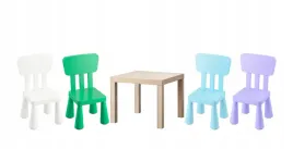 ikea-zestaw-stolik-lack-dab-bejcowany-mammut-4x-krzeselka-wielokolorowe