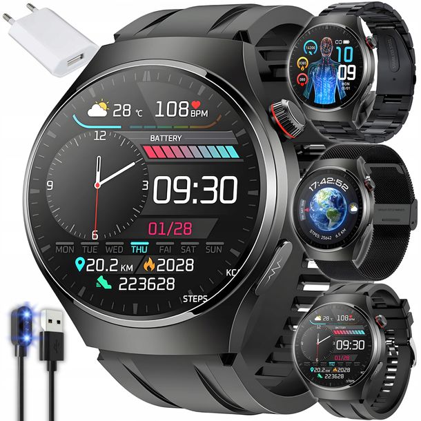 ﻿SMARTWATCH ZEGAREK MĘSKI EKG POMIAR CUKRU HRV ROZMOWY 3 PASKI SZKŁO MENU PL