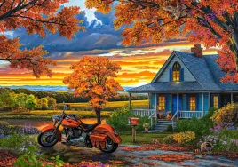 puzzle-500-ukladanka-widok-las-drzewa-dom-motor-motocykl-jesien-9-castor
