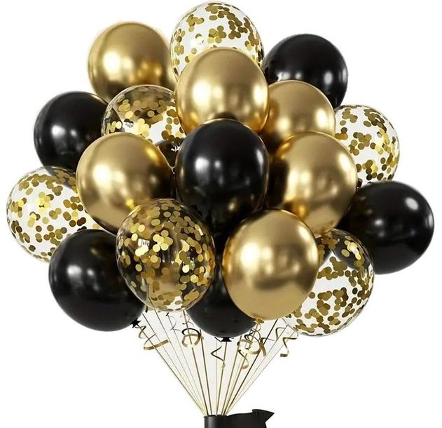 ﻿Balony CHROM czarne, złote i konfetti na 18, 40, 50 URODZINY zestaw balonów