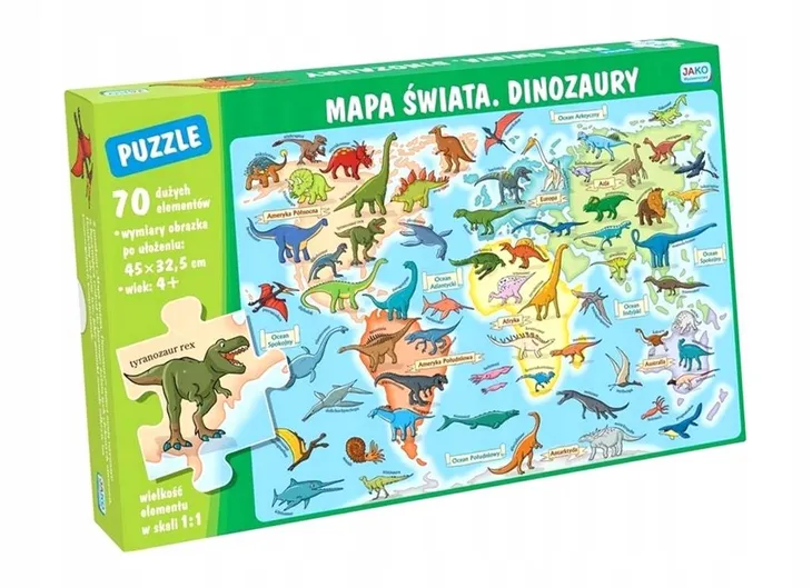 puzzle-70-elementow-mapa-swiata-dinozaury-kolekcja-dinozaury