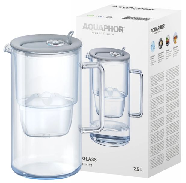 ﻿Dzbanek filtrujący szklany Aquaphor 2,5 l + 1 wkład Maxfor+ Mg Szary