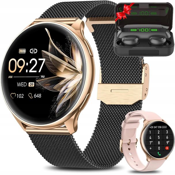 ﻿Smartwatch Damski Zegarek AMOLED ROZMOWY 300MAH Ciśnieniomierz + SŁUCHAWKI