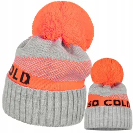 czapka-damska-kobieca-so-cold-we-wzor-z-pomponem-szary-pomaranczowy