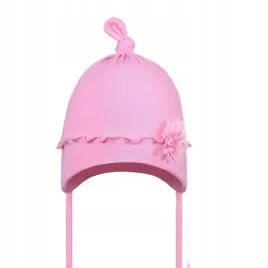 czapka-czapeczka-dziecieca-bawelniana-wiazana-ozdobny-kwiat-rozowa-r-40