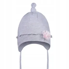 czapka-czapeczka-dziecieca-bawelniana-wiazana-ozdobny-kwiat-szary-r-38