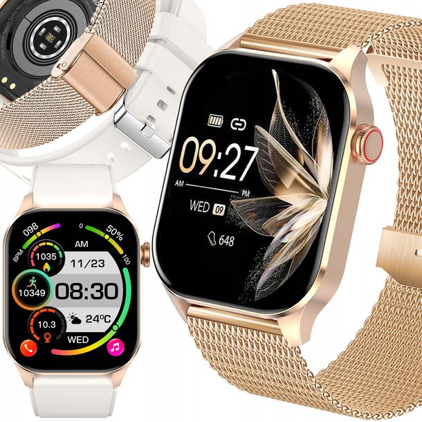 SMARTWATCH DAMSKI ZEGAREK POMIAR GLUKOZY CIŚNIENIE MENU PL ROZMOWY 2 PASKI