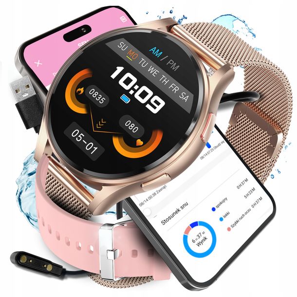 ﻿Smartwatch Zegarek Damski do POMIARU CUKRU GLUKOZY EKG ROZMOWY HD Złoty