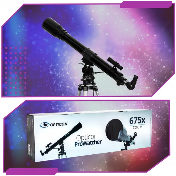 teleskop-astronomiczny-opticon-prowatcher-luneta-900mm-zoom-675x-akcesoria-zalaczone-wyposazenie-okular-kellnera-4mm-okular-kellnera-9mm-okular-kellnera-20mm-soczewka-barlowa-3x-luneta-celownicza-6x25mm-mapa-ukladu-slonecznego-i-ksiezyca-statyw-kod-qr-z-zawartoscia-merytoryczna
