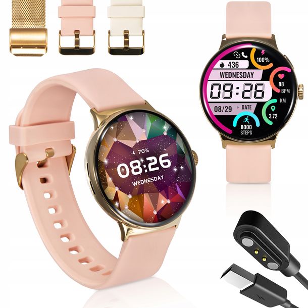 SMARTWATCH ZEGAREK DAMSKI AMOLED WATCH MENU PL ROZMOWY SPORT 3 PASKI