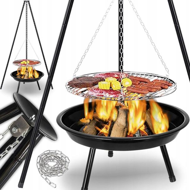 ﻿GRILL OGRODOWY TRÓJNÓG PALENISKO RUSZT NIERDZEWNY REGULOWANY PODWIESZANY