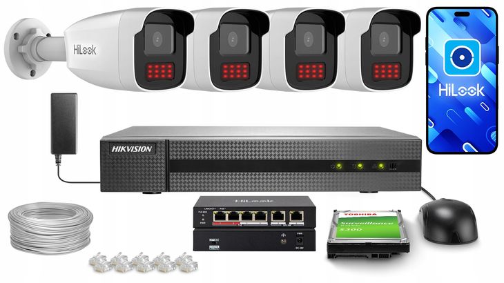 Zestaw Monitoringu 4x IPCAM-B4-50IR Aplikacja 4MP IR HiLook by Hikvision