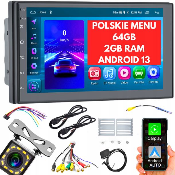 RADIO SAMOCHODOWE 2 DIN 2GB/64GB ANDROID AUTO CARPLAY RDS WIFI GPS 7