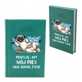 kalendarz-a5-2025-nowosc-ksiazkowy-turkus-smieszny-pies-mops-terminarz