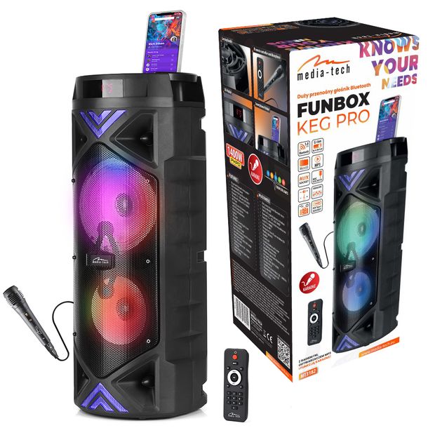 ﻿Przenośny głośnik Bluetooth 5.0+EDR MEDIA-TECH FUNBOX KEG PRO 1400W KARAOKE