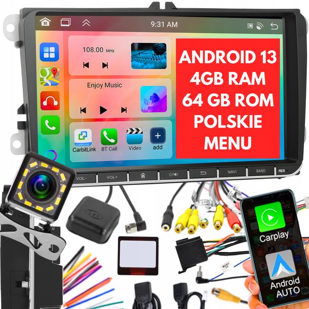 RADIO 9'' 4GB/64GB ANDROID 13 GOLF V VI PASSAT B6 B7 SEAT SKODA VOLKSWAGEN