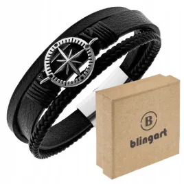 bransoletka-meska-skorzana-czarna-roza-wiatrow-ze-stali-316l-blingart