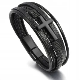 czarna-skorzana-bransoletka-meska-krzyz-rzemyki