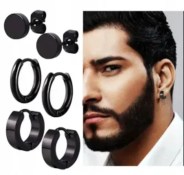 kolczyki-meskie-czarne-3-pary-huggie-stal-chirurgiczna