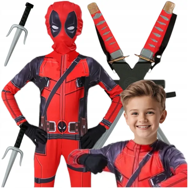 STRÓJ DEADPOOL PRZEBRANIE KOSTIUM AKCESORIA MASKA RĘKAWICZKI MIECZE 142/146