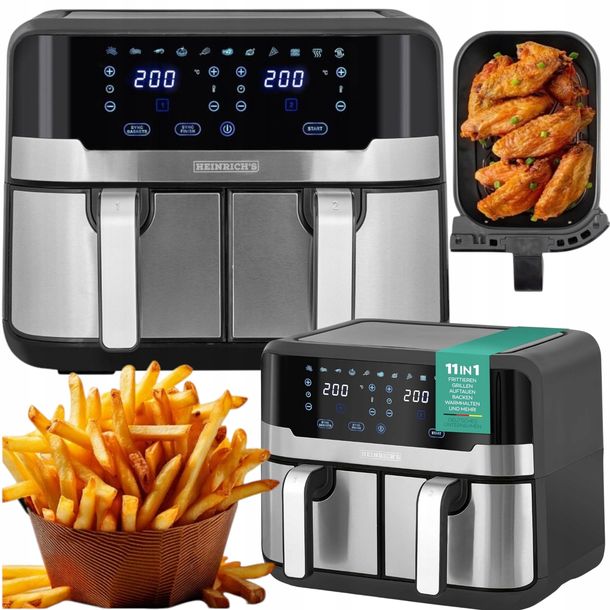 Frytkownica BEZTŁUSZCZOWA DWUKOMOROWA 9L XXL AIR FRYER PODWÓJNA 2400W MOCNA