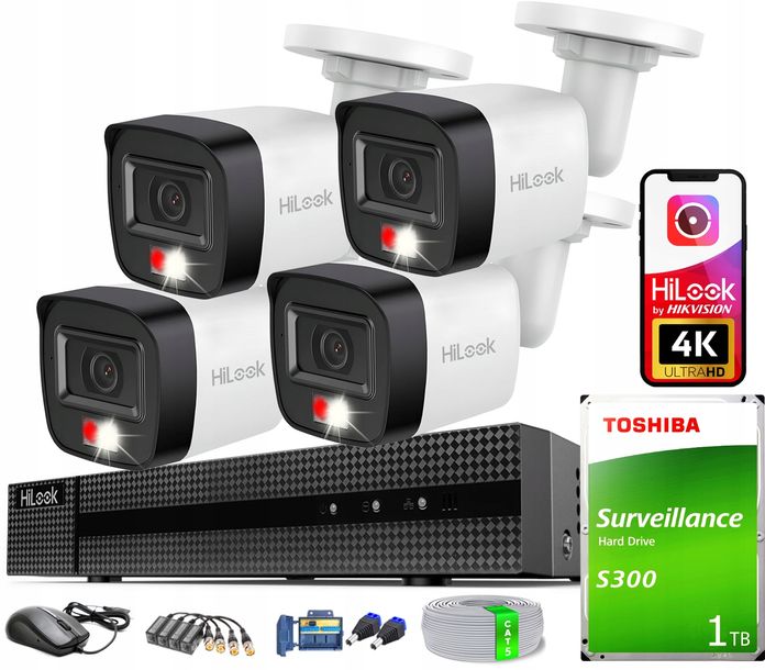 ﻿Zestaw do Monitoringu 8MPx HiLook Hikvision 4 kamery Zewnętrzne na skrętkę