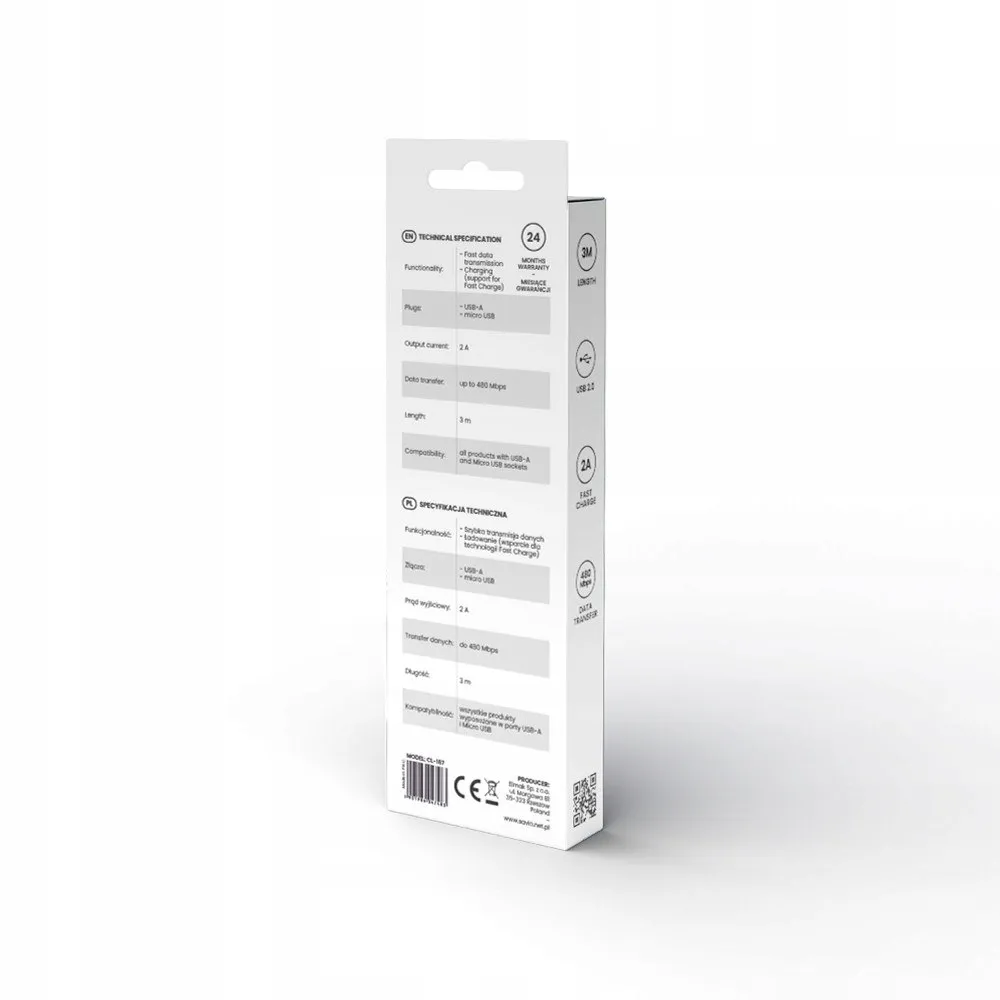 kabel-usb-a-micro-usb-2a-3m-cl-167