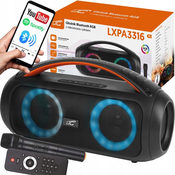 ﻿MOCNY GŁOŚNIK BLUETOOTH PRZENOŚNY BOOMBOX MIKROFON PILOT USB SD FM KARAOKE