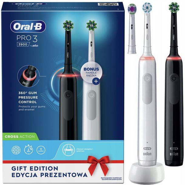 ﻿Szczoteczka elektryczna Oral-B Pro 3 3900 DWUPAK CZARNA BIAŁA