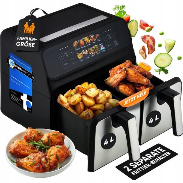 FRYTKOWNICA BEZTŁUSZCZOWA PODWÓJNA DWUKOMOROWA AIR FRYER 9L DOTYKOWA 2200W