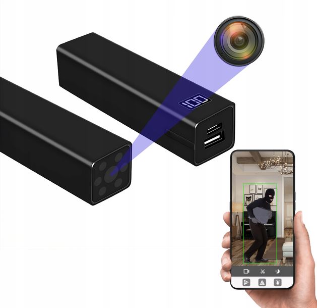 UKRYTA SZPIEGOWSKA KAMERA WIFI POWERBANK DETEKCJA RUCHU SZPIEGOWSKA 7 GODZ.