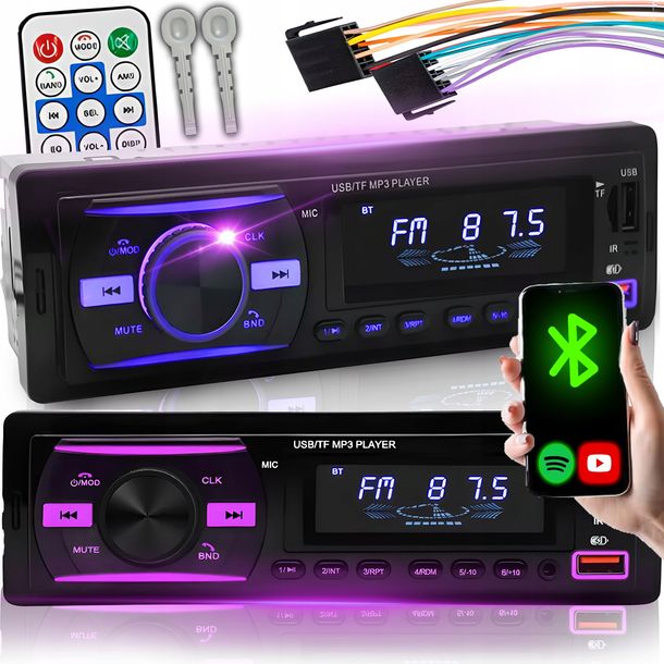 ﻿RADIO SAMOCHODOWE BLUETOOTH USB MP3 AUX SD MIKROFON PILOT BATERIA 6 KOLORÓW