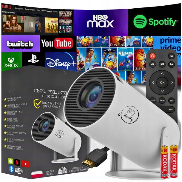 ﻿PROJEKTOR RZUTNIK ANDROID TV WIFI FULL HD PRZENOŚNY SMART GŁOŚNIK OBROTOWY