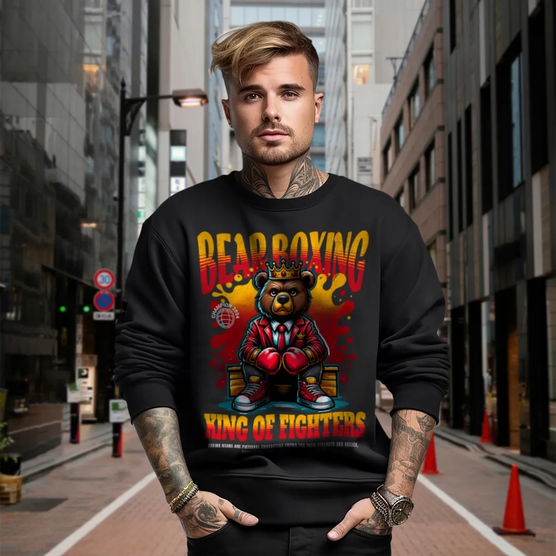 bluza-czarna-meska-nadruk-bear-boxing-stan-nowy