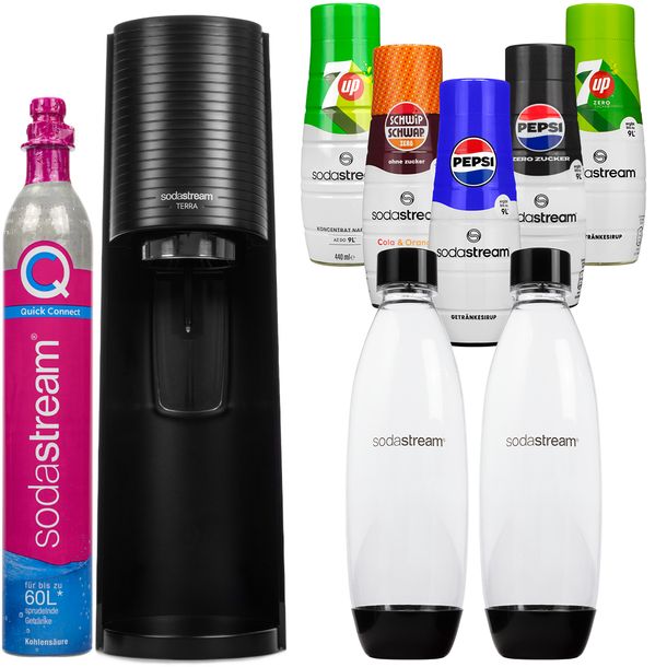 ﻿SATURATOR SODASTREAM TERRA CZARNY 2 BUTELKI + 5x SYROPÓW PEPSI MIRINDA 7UP