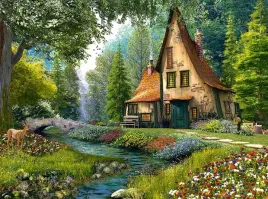 puzzle-2000-ukladanka-krajobraz-widok-domek-w-lesie-kwiat-rzeka-most-castor