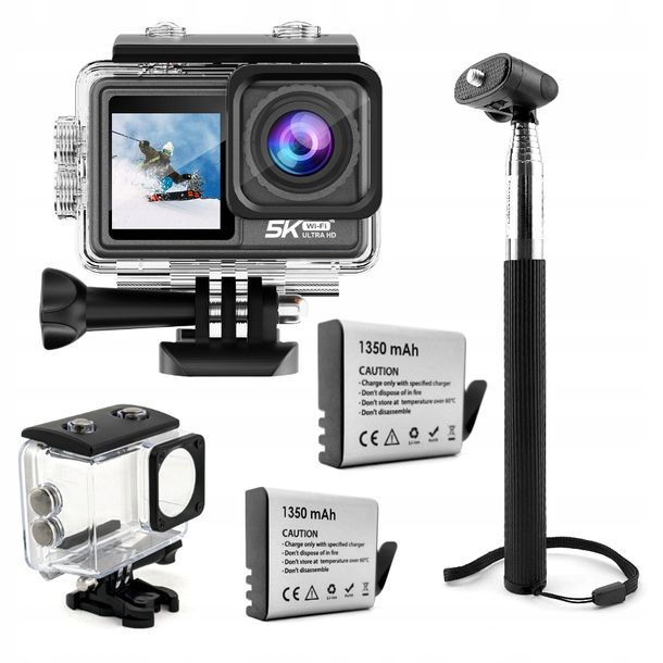 Kamera Sportowa 5K UHD 60FPS Akcesoria WiFi Kij Baterie Pilot Stabilizacja