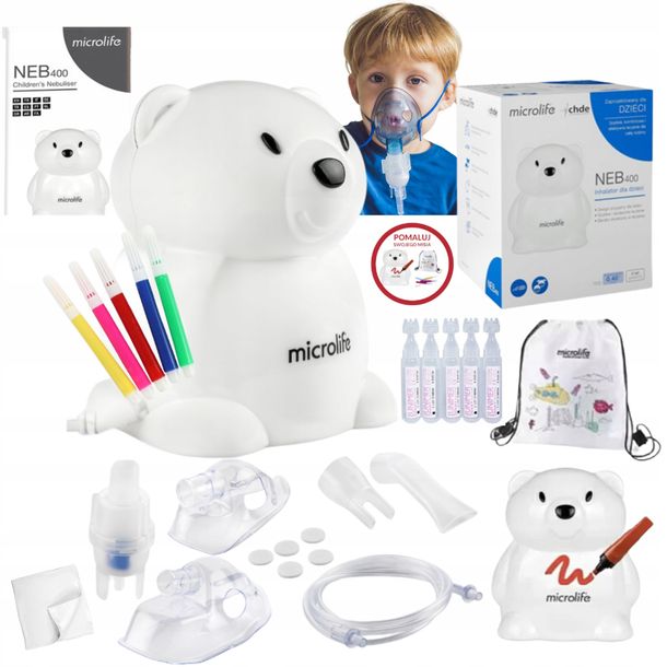 ﻿Microlife inhalator NEB 400 nebulizator Miś + sól + flamastry