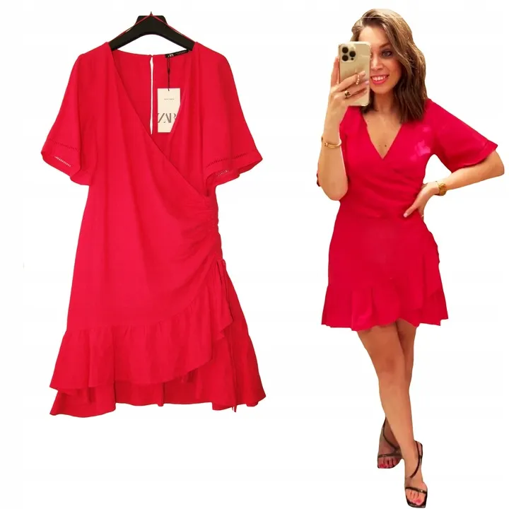 るな ZARA Piękna Kopertowa Sukienka z Lnem FUKSJA LUX S