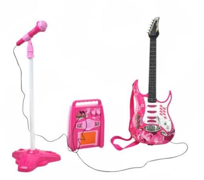 ﻿RÓŻÓWA GITARA ELEKTRYCZNA DLA DZIECI MIKROFON STATYW WZMACNIACZ