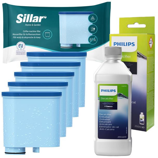5x Sillar filtr do wody do ekspresu Saeco Philips + odkamieniacz 250 ml