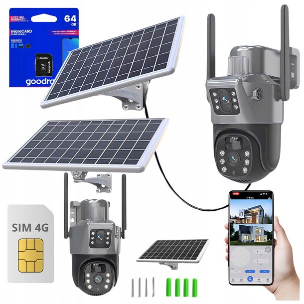 ﻿PODWÓJNA KAMERA SOLARNA GSM 4G IP SMART ZEWNĘTRZNA OBROTOWA HD 6MP ZOOM SIM