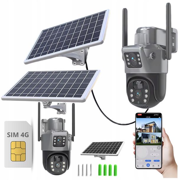 ﻿PODWÓJNA KAMERA SOLARNA GSM 4G IP SMART ZEWNĘTRZNA OBROTOWA HD 6MP ZOOM SIM